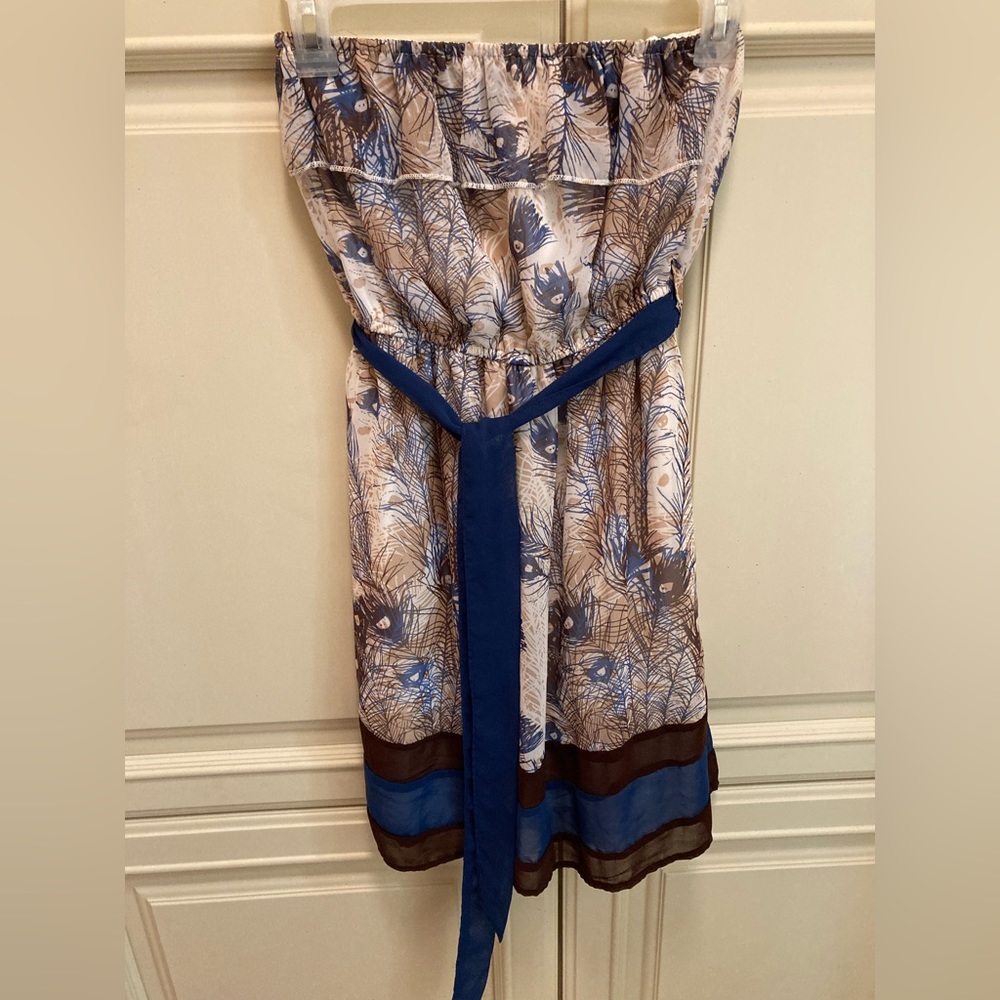 Chiffon Tube Top Peacock Print Mini Dress S (fits like xs)